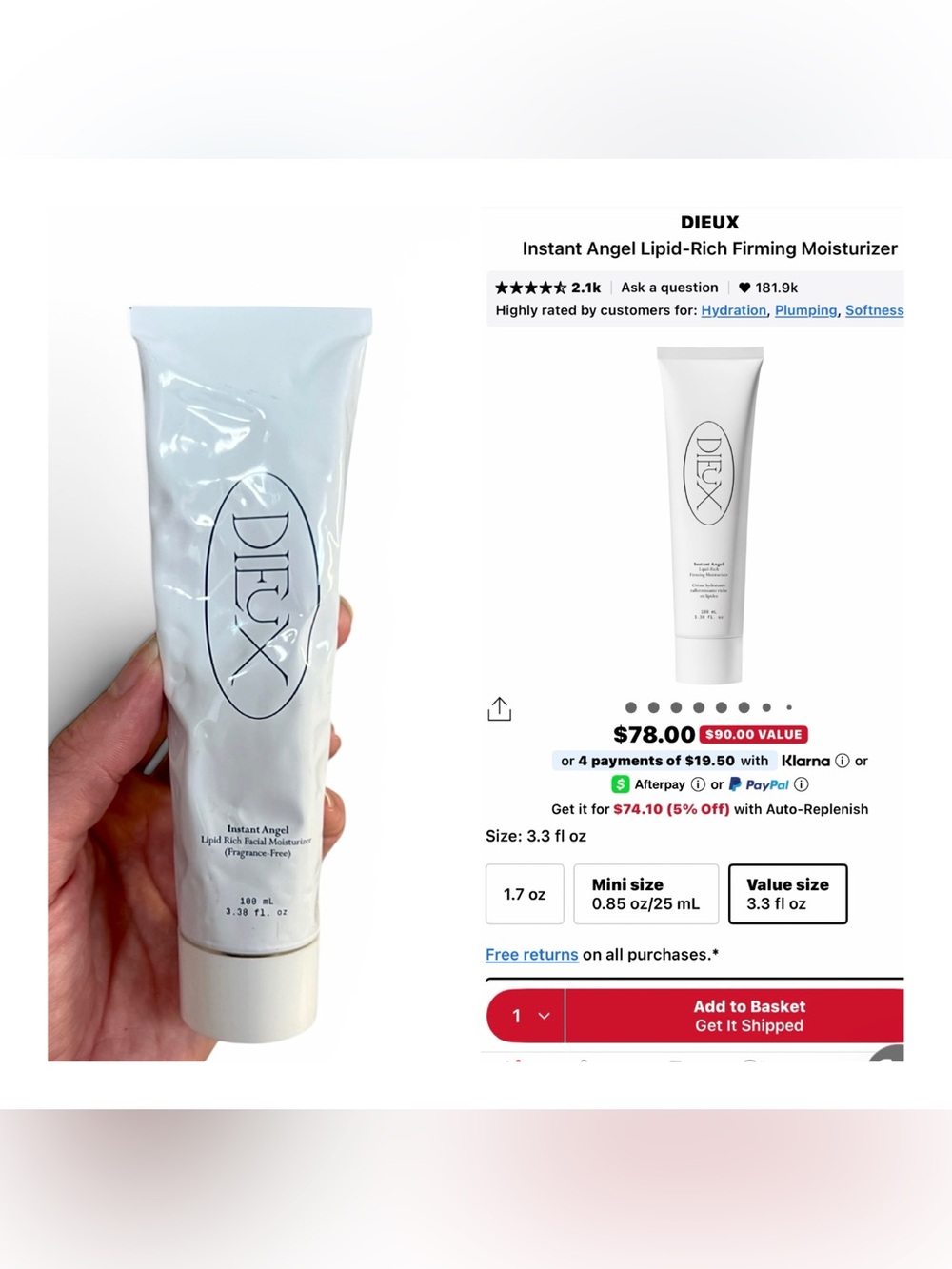 Dieux Instant Angel Lipid-Rich Facial Moisturizer 3.38 fl. oz.